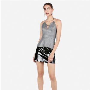 Express Metallic Plunge Neck Peplum Halter Top